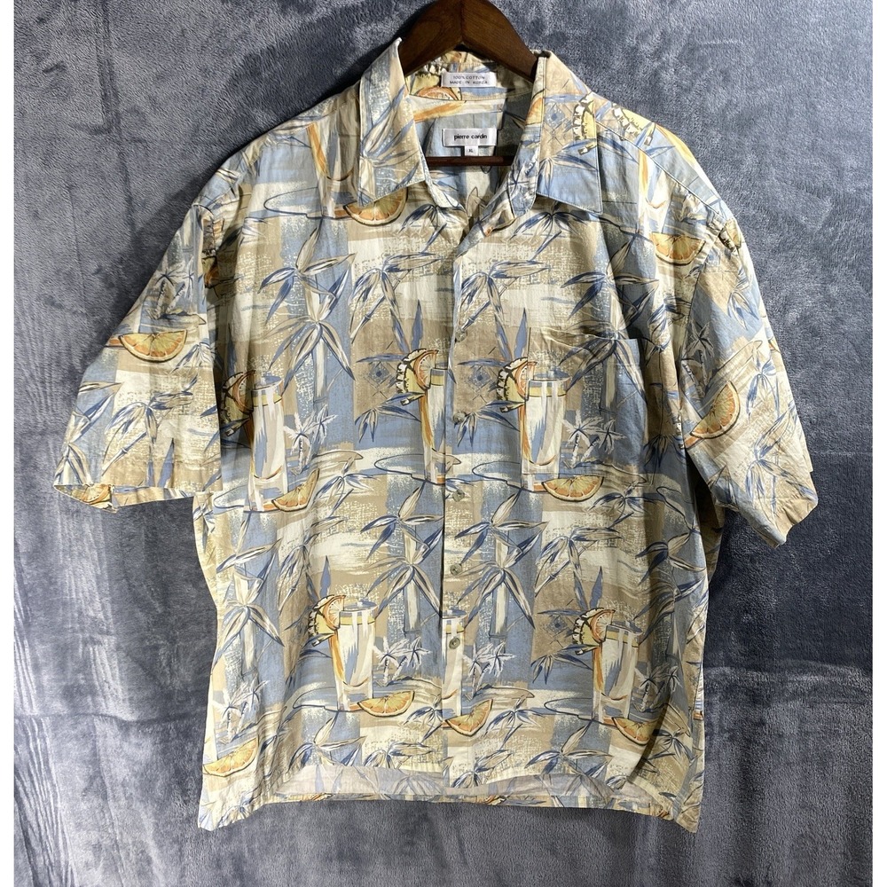 Vintage Pierre Cardin Shirt Mens XL Hawaiian Floral All Over Print Cotton Fruit